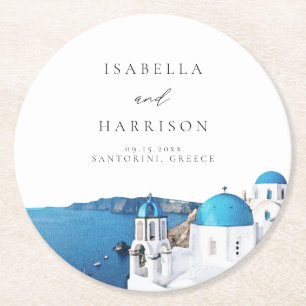 SANTORINI GREKLAND Akvarell Siluett Destination Underlägg Papper Rund