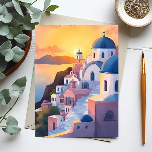 Santorini, Grekland   Akvarellkustlinje Solnedgång Vykort