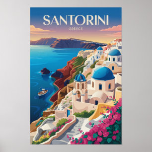 Santorini Grekland Blue Dome Resa Konst Vintage Poster