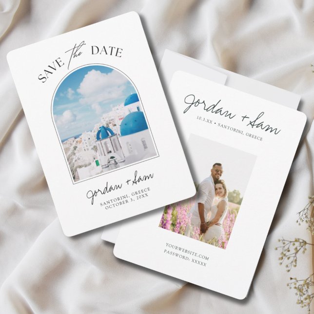 Santorini Grekland Bröllop spara datum Inbjudningar (Santorini Greece Wedding Save the date with photo of Santorini rooftops on one side)