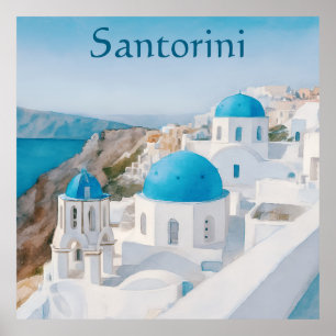 Santorini, Grekland by med blå kupoler Poster