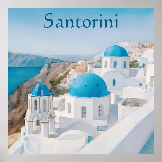 Santorini, Grekland by med blå kupoler Poster (Framsidan)