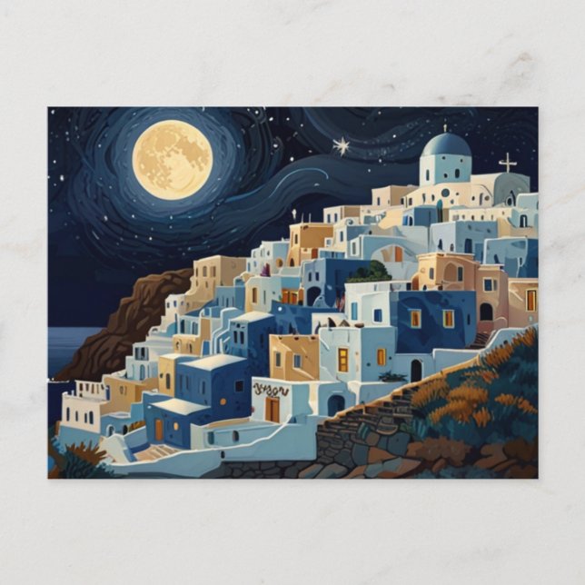 Santorini, Grekland Full Moon Night Greece Village Helg Vykort (Framsida)