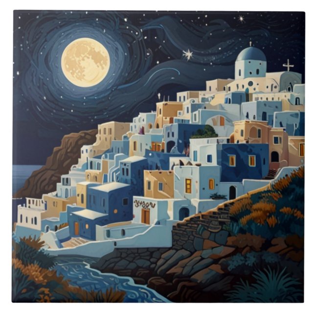 Santorini, Grekland Full Moon Night Greece Village Kakelplatta (Framsidan)