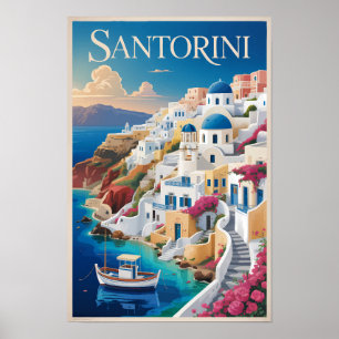 Santorini Grekland Illustration Resa Konst Vintage Poster
