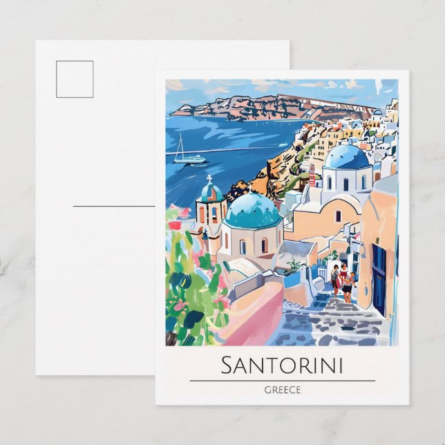 Santorini Grekland Konst Illustration Resa Vykort (Fram/baksida)