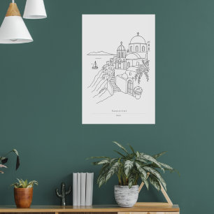 Santorini Grekland Minimalistisk Linje Konst Resa Poster