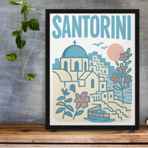 Santorini Grekland Minimalistisk Resillustration Poster
