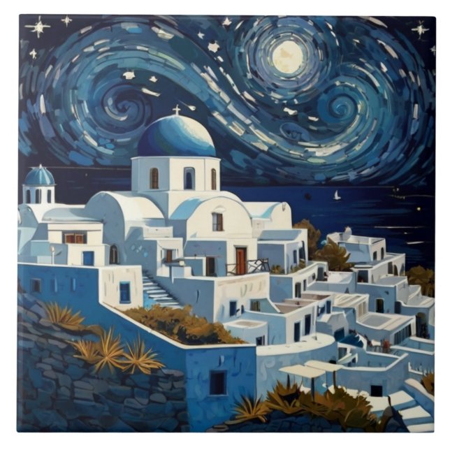Santorini, Grekland Starry Natt - Grekiska ökonste Kakelplatta (Framsidan)