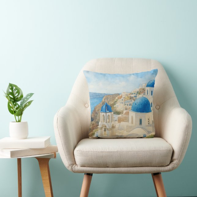 Santorini Grekland Vattenfärg Blå Kupol Kyrka Kudde (Stol)