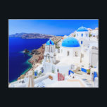 Santorini, Grekland, vykort för grekiska öarna<br><div class="desc">Snygg bild i Santorini,  Grekland. De vackra blå och vita husen förbiser det skarpa blå havet.</div>