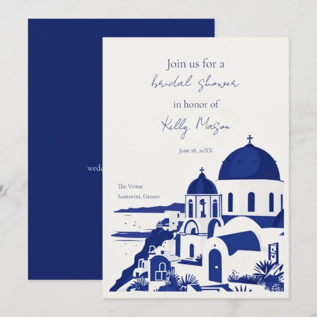 Santorini Grekland Watercolor Bröllopsdusch Inbjudningar (Fram/baksida)