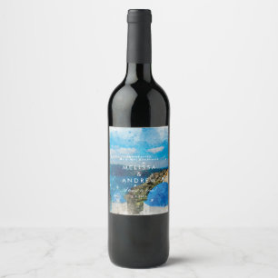 Santorini, Greklands vattenfärg bröllop vin flaska Vinflaska Etikett
