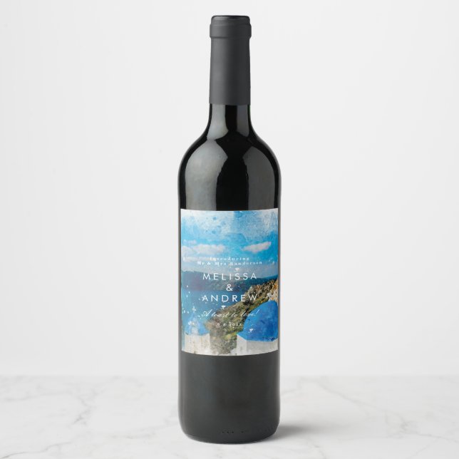Santorini, Greklands vattenfärg bröllop vin flaska Vinflaska Etikett (Framsida)