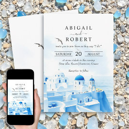 Santorini, Greklands vattenfärgslandskap bröllop Inbjudningar