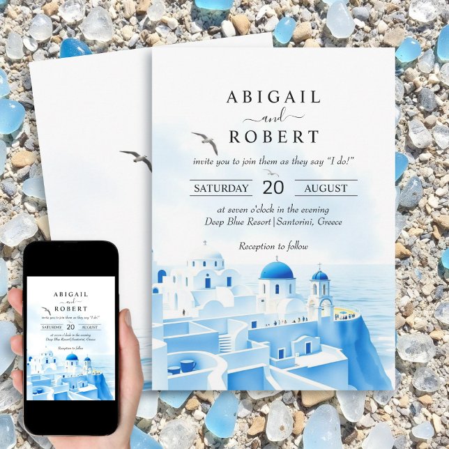 Santorini, Greklands vattenfärgslandskap bröllop Inbjudningar (Skapare uppladdad)