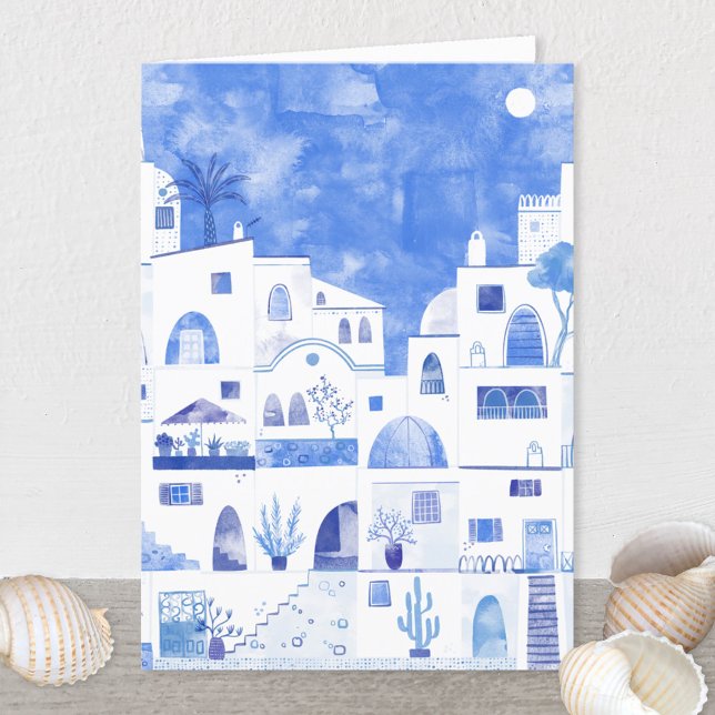 Santorini Hälsning-kort för grekiska vattenfärger Meddelande (Santorini blue and white watercolor painting on a greetings card)