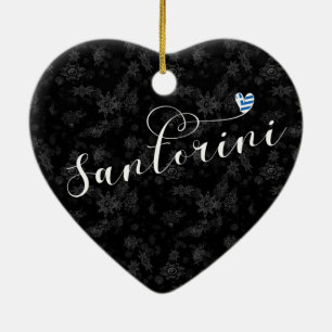 Santorini Heart In Flagga, Greece, Thira Julgransprydnad Keramik