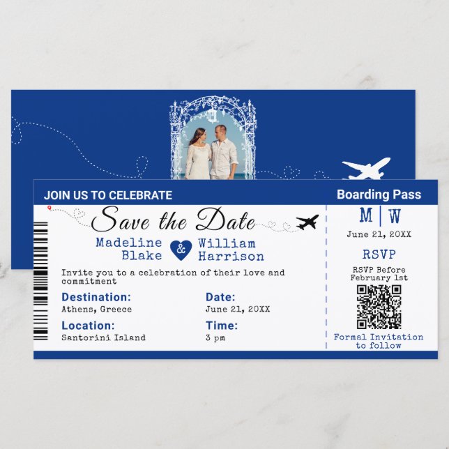 Santorini Himlar-boardingkortet Stil Spara datum (Fram/baksida)