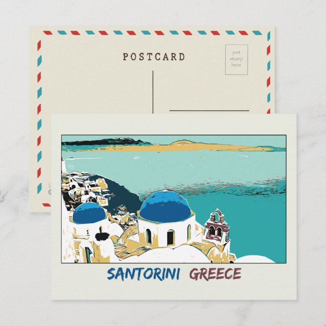 Santorini illustration, Greklands vykort (Fram/baksida)