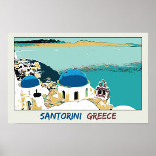 Santorini illustration, Greklands vykort Poster
