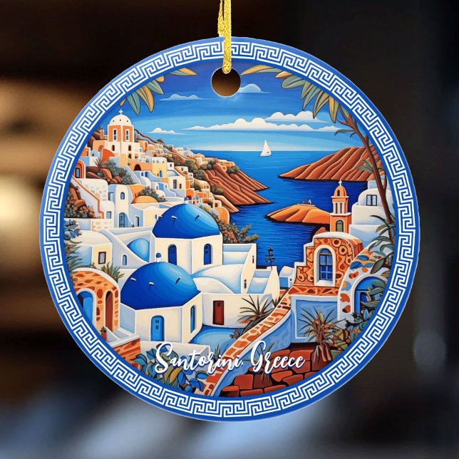 Santorini Island Greece Sea Painting | Resekonst Julgransprydnad Keramik (Santorini Island Greece Sea Painting | Travel Art Ceramic Ornament)