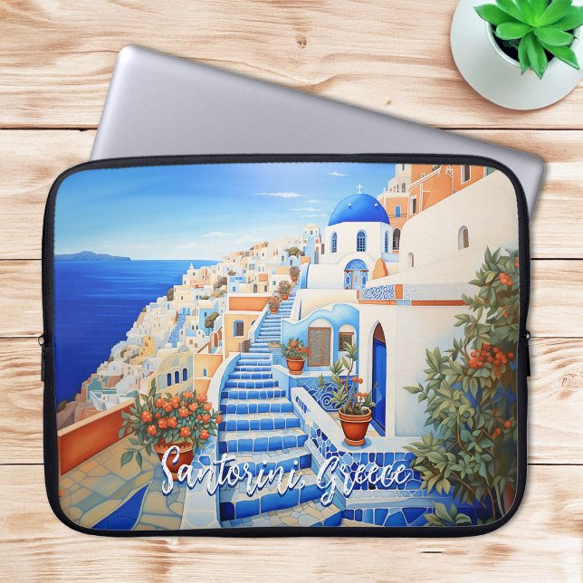 Santorini Island Illustration | Resekonst Laptop Fodral (Santorini Island Illustration | Travel Art Laptop Sleeve)