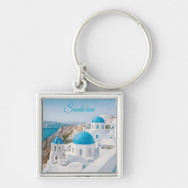 Santorini Keychain Fyrkantig Silverfärgad Nyckelring (Framsidan)