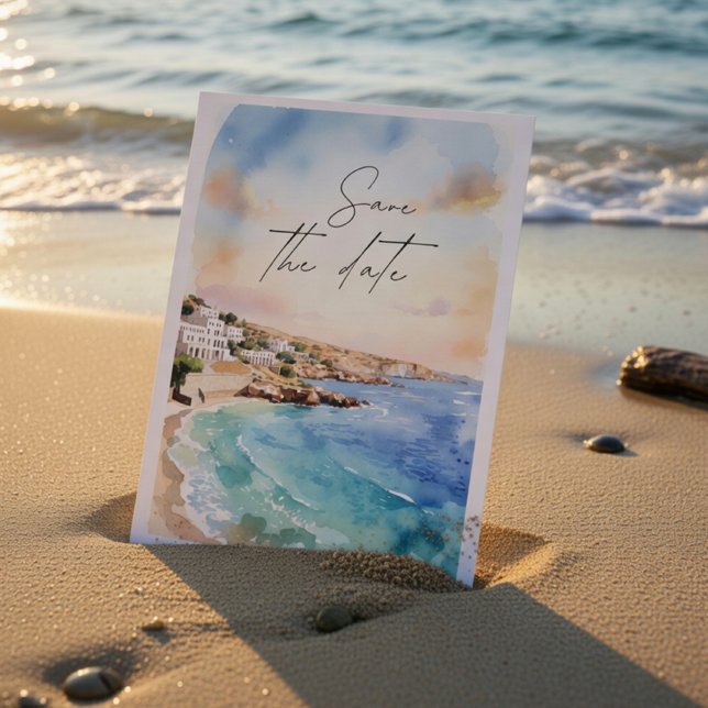 Santorini Kust Save the Date | Akvarell Strand Inbjudningar (Skapare uppladdad)