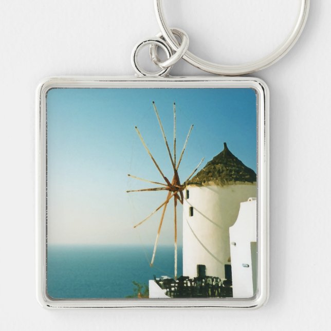 Santorini kvarn, Grekland Fyrkantig Silverfärgad Nyckelring (Framsidan)