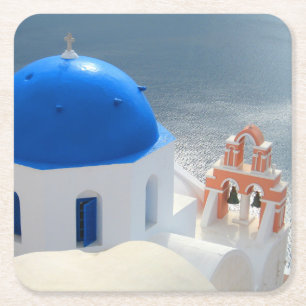 Santorini kyrka i eftermiddagsolen underlägg papper kvadrat