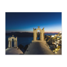 Santorini - kyrkan i Oia vid vykort
