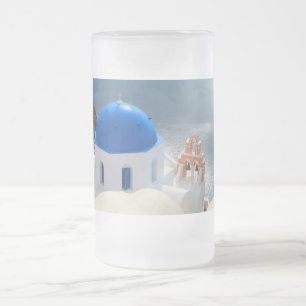 Santorini-kyrkan i Sol vid eftermiddagen Frostat Ölglas