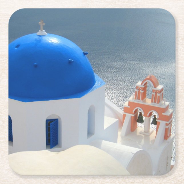 Santorini-kyrkan i Sol vid eftermiddagen Underlägg Papper Kvadrat (Framsidan)