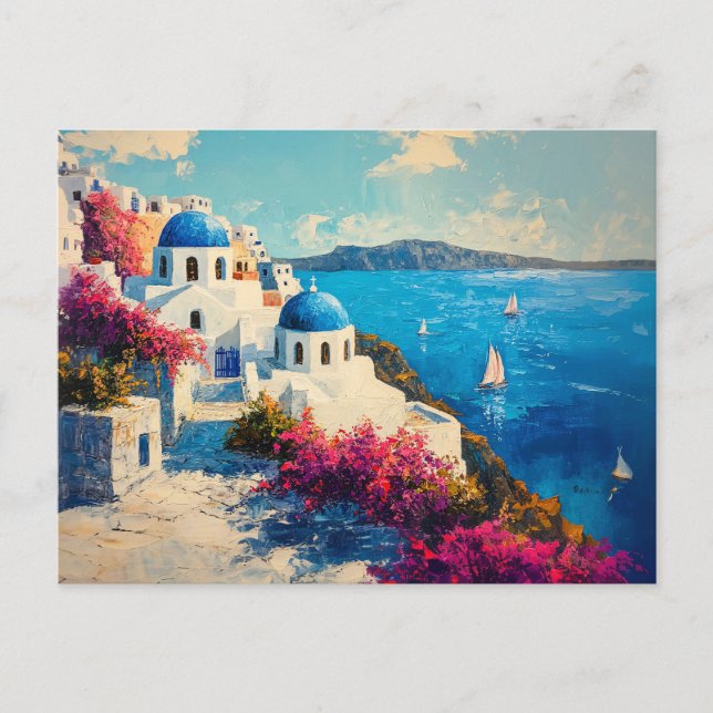 Santorini Livliga Blommor Digital Oljemålning Vykort (Framsida)