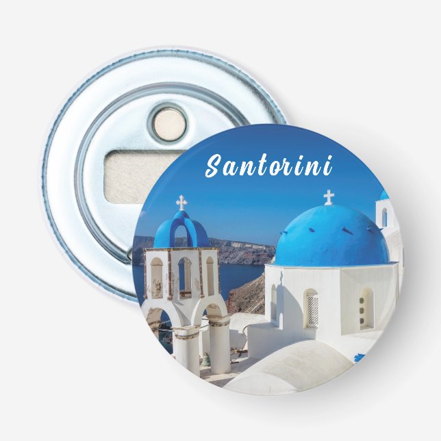 Santorini med blå och vit kyrka flasköppnare (Framsidan)