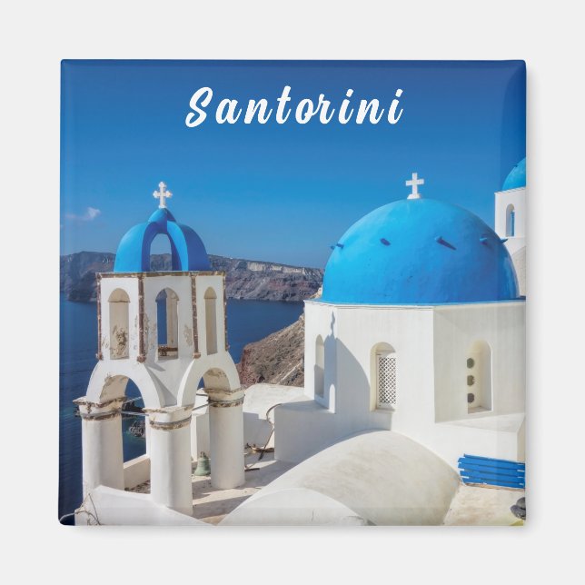 Santorini med blå och vit kyrka magnet (Framsidan)