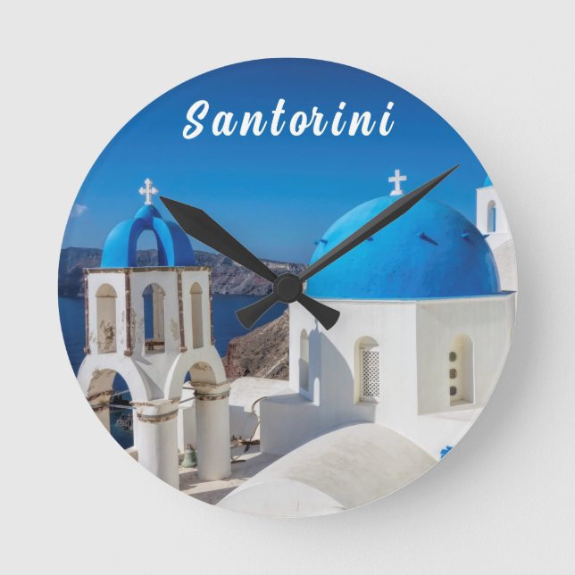 Santorini med blå och vit kyrka rund klocka (Framsida)