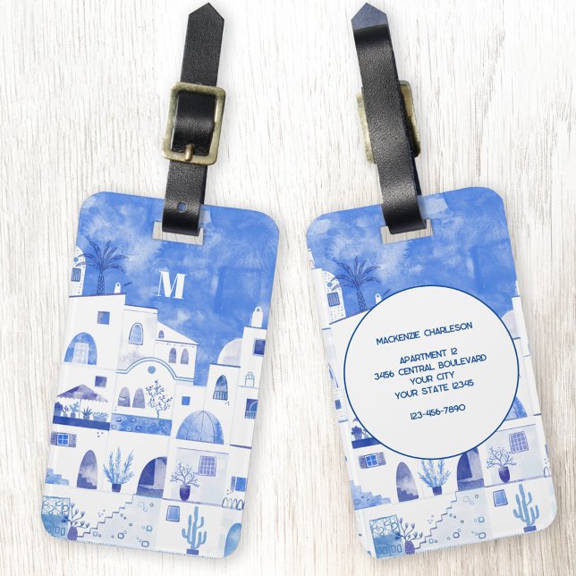 Santorini Monogram Watercolor Art Bagagebricka (Santorini monogram watercolor blue and white luggage tag)