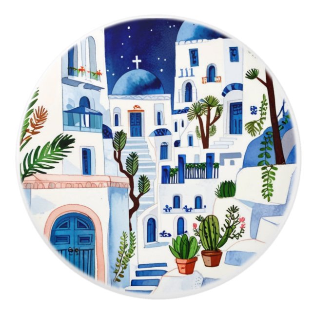 Santorini Natt Greece Watercolor Blue White Knopp (Framsidan)