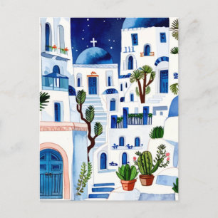 Santorini Natt Greece Watercolor Blue White Vykort