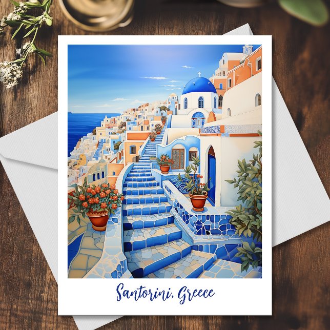 Santorini-ö Illustration | Reskonst Vykort (Santorini Island Illustration | Travel Art Postcard)