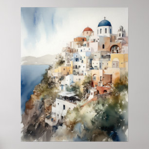 Santorini Oia Greece Watercolor Art Print Poster