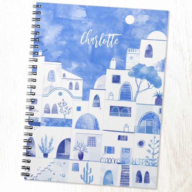 Santorini Oia Grekiska ön Watercolor Personlig Anteckningsbok (Personalized custom name Santorini Greece blue and white watercolor art notebook)