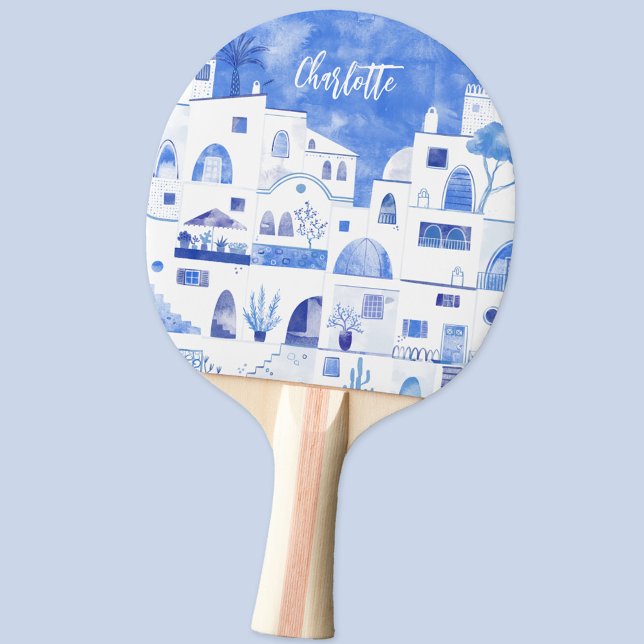 Santorini Oia Grekiska ön Watercolor Personlig Pingisracket (Santorini Oia Greece blue and white personalized watercolor ping pong paddle)