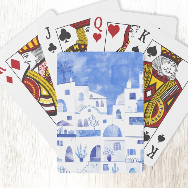 Santorini Oia Grekiska ön Watercolor Townscape Casinokort (Oia Santorini blue and white watercolor townscape painting art playing cards)