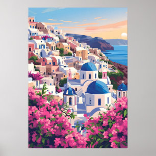 Santorini Oia Grekland Solnedgång Kustvägg Konst Poster