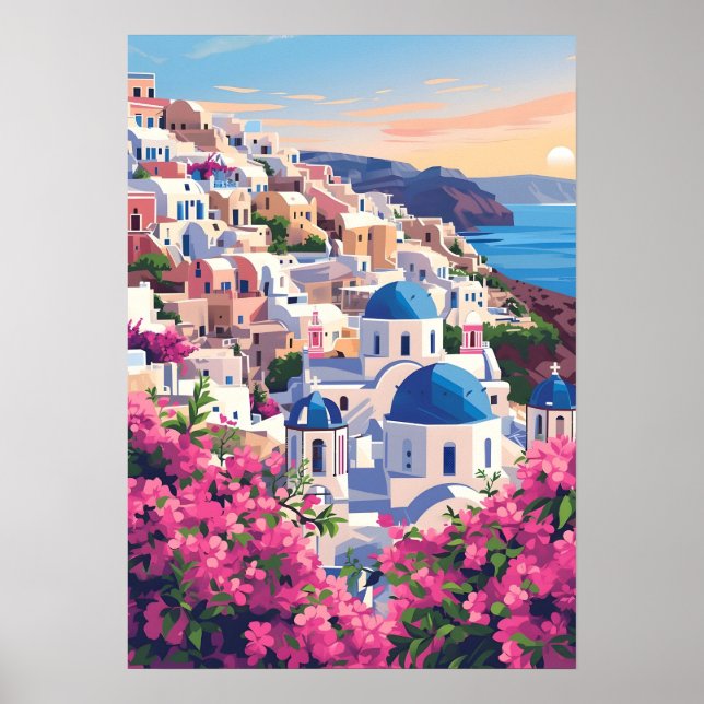 Santorini Oia Grekland Solnedgång Kustvägg Konst Poster (Framsidan)