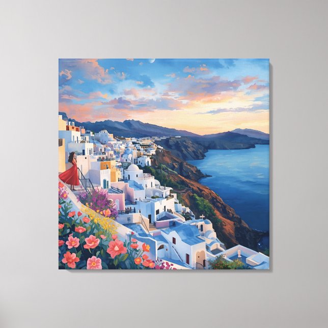 Santorini, Romantisk solnedgång i Santorini Canvastryck (Framsida)