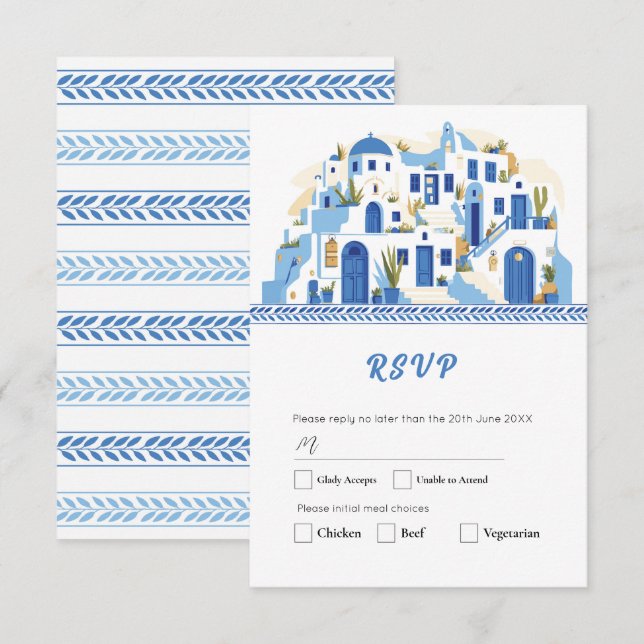 Santorini RSVP-kort Bröllop Grekiska Grekland Blå  OSA Kort (Fram/baksida)